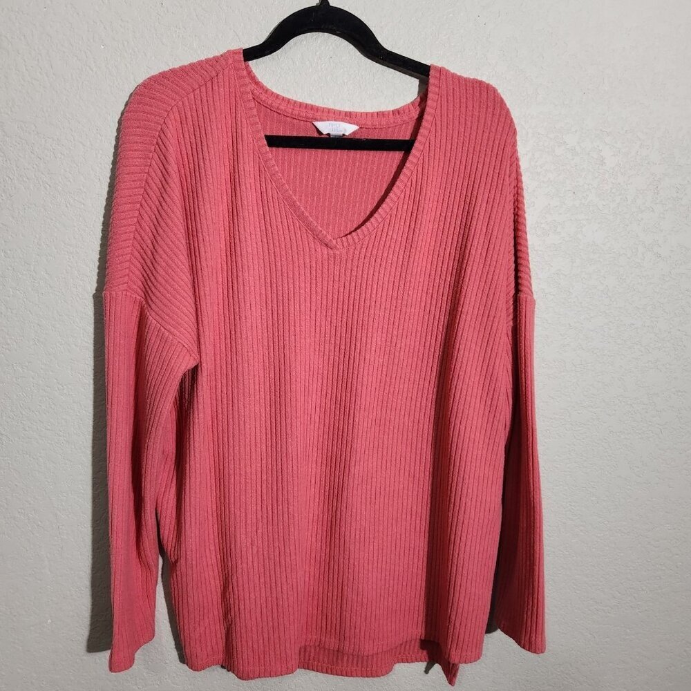 Time and Tru Sweater Womens Large Ribbed Knit Pullover V Neck Long Sleeve Relaxe